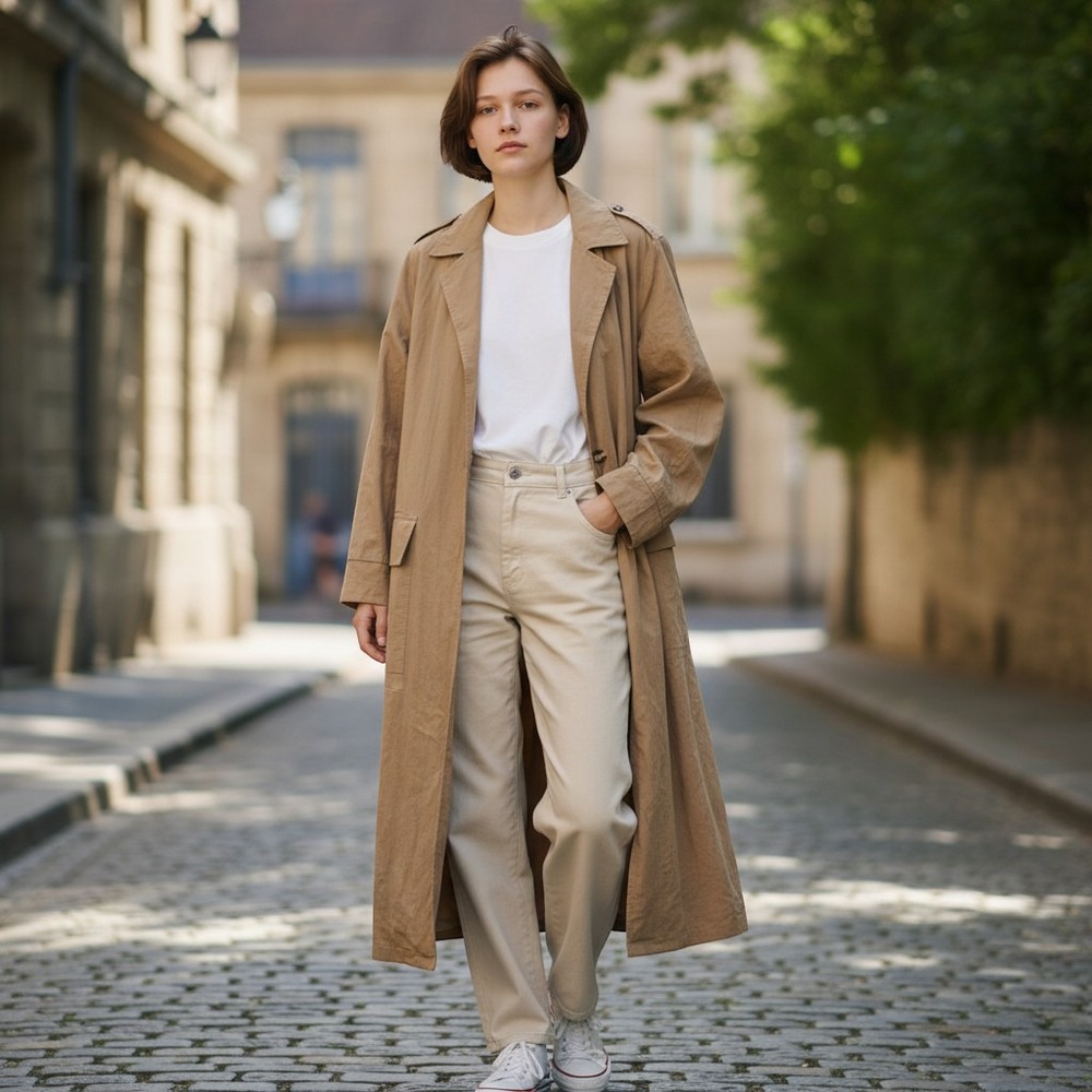 Deja Blue Premium Tan Cotton Duster Jacket L Longline Minimalist Earthy Dress